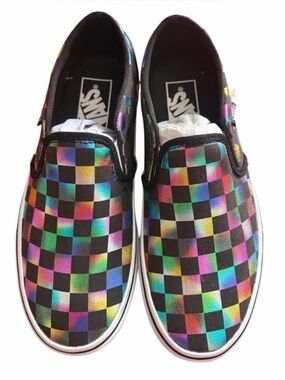 VANS girls Slip-On Sneakers - Black/white with Holographic Multicolor Size 6